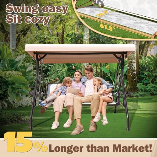 3 Person Patio Swing Outdoor Swing for Adults with Adjustable Canopy &Upgraded Cup Holders Textilene Fabric Porch Swing Chair with Stand Heavy Duty