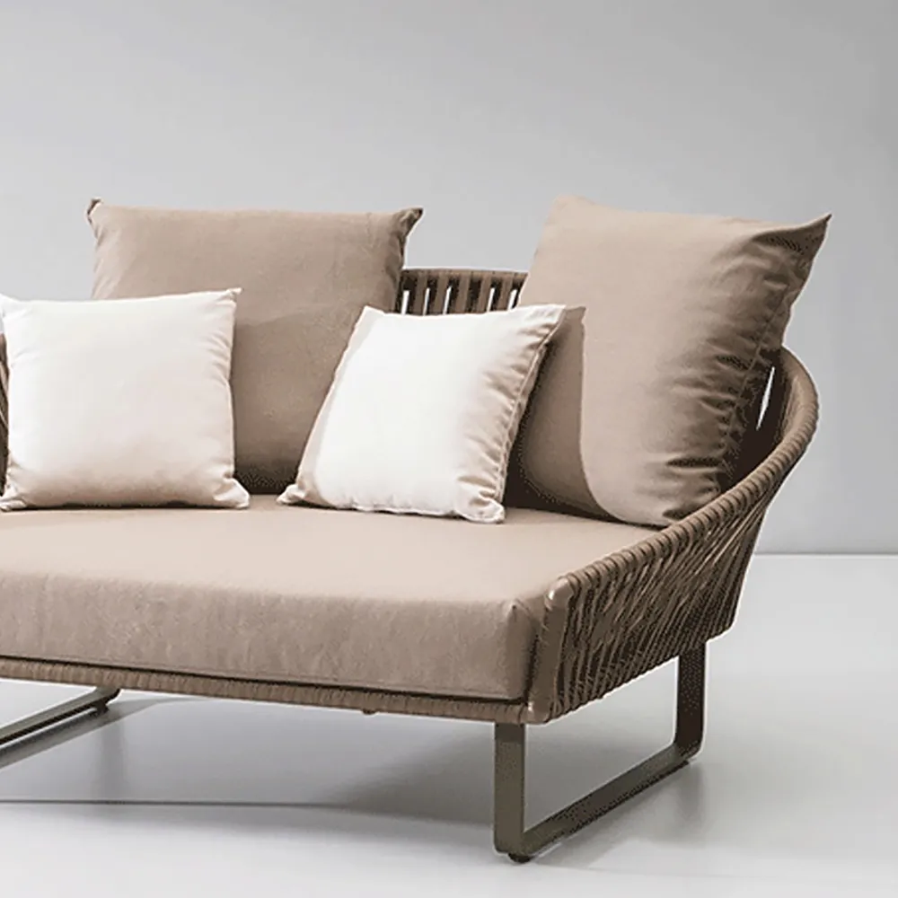 63" Rattan outdoor sofa bed with khaki pillows aluminum frame; A clearance sale