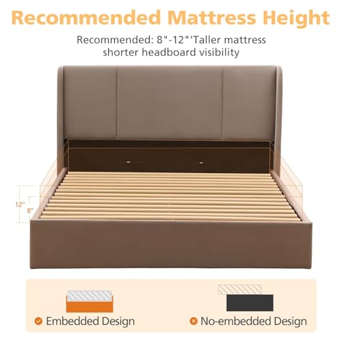 VELOCAVA Queen Size Lift Up Storage Bed with Modern Wingback Headboard, Upholstered Platform Bed with Fabric with Hydraulic Support Bars