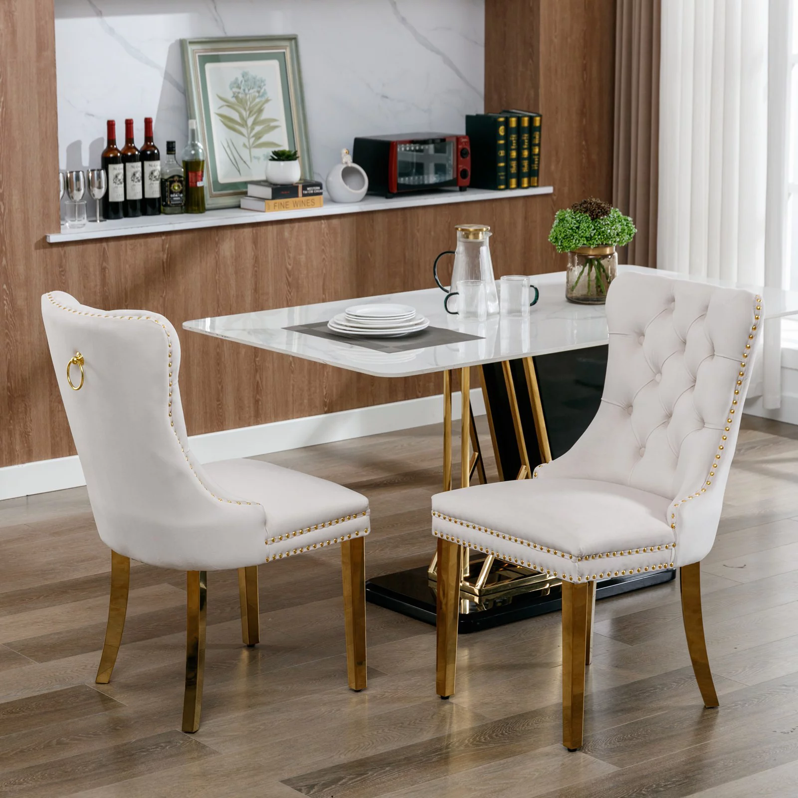 Dining Chairs, Accent Diner Chairs with Nailhead Trim and Back Ring Pull, Velvet Fabric Dining Room Chairs