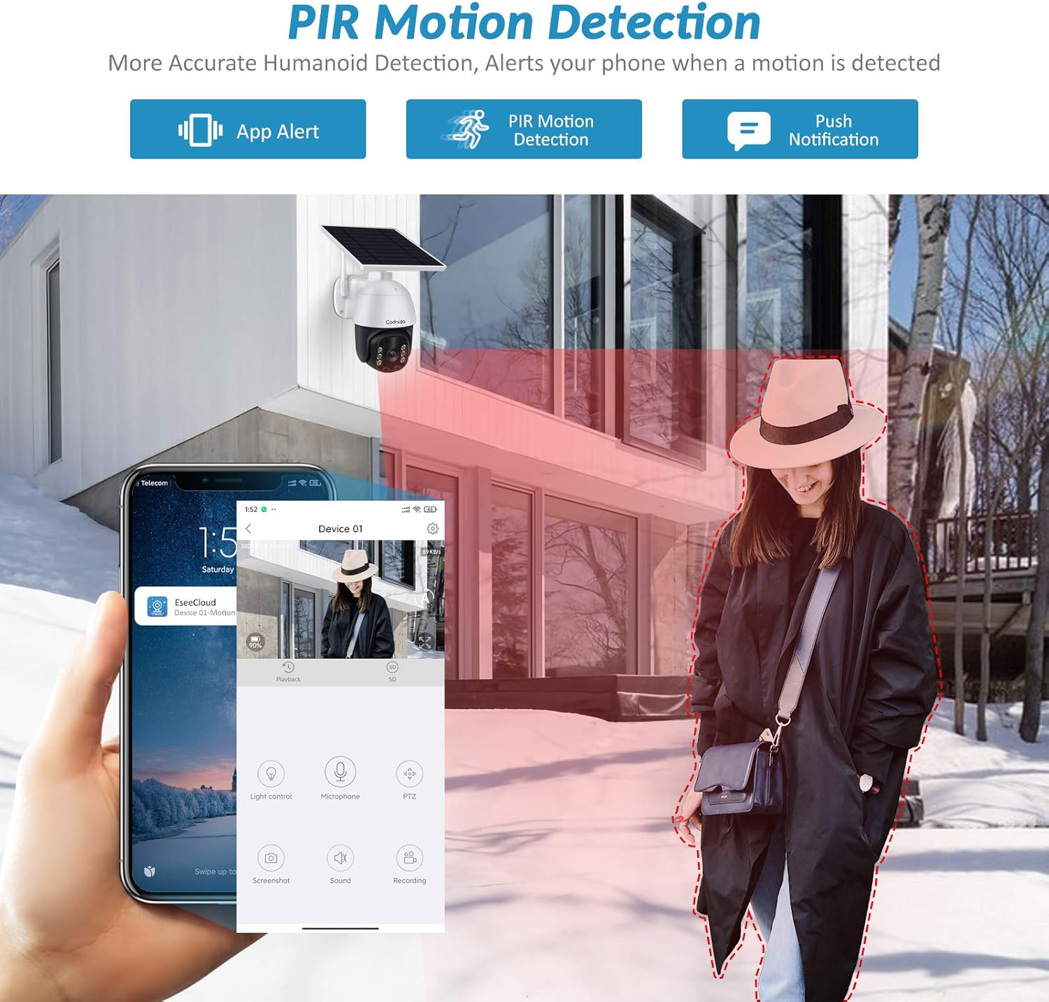 Home Security Camera Outdoor, Wireless WiFi Pan Tilt Rechargeable Solar Battery Powered Camera 360° View, 1080P HD, Motion Detection