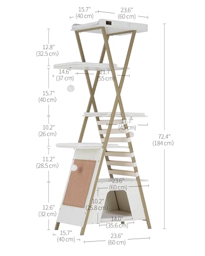 FourFurPets 72.4" Modern Cat Tower for Indoor Cats - Multi-Level Condo With Caves, Tall Tree With Scratching Board, Wooden Tower With Large Perch