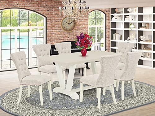 East West Furniture V-Style 7 Piece Set Consist of a Rectangle Dining Room Table with V-Legs and 6 Doeskin Linen Fabric Upholstered Chairs