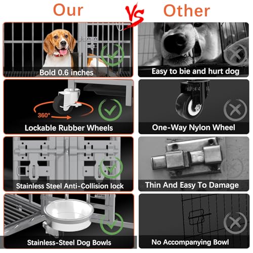 aboxoo 42/48 inch Heavy Duty Metal Dog Crate for 2 Dogs/Large Dog,All Metal Open Top,Dog Kennel Indoor with Wheels,Floor Grid, Tray