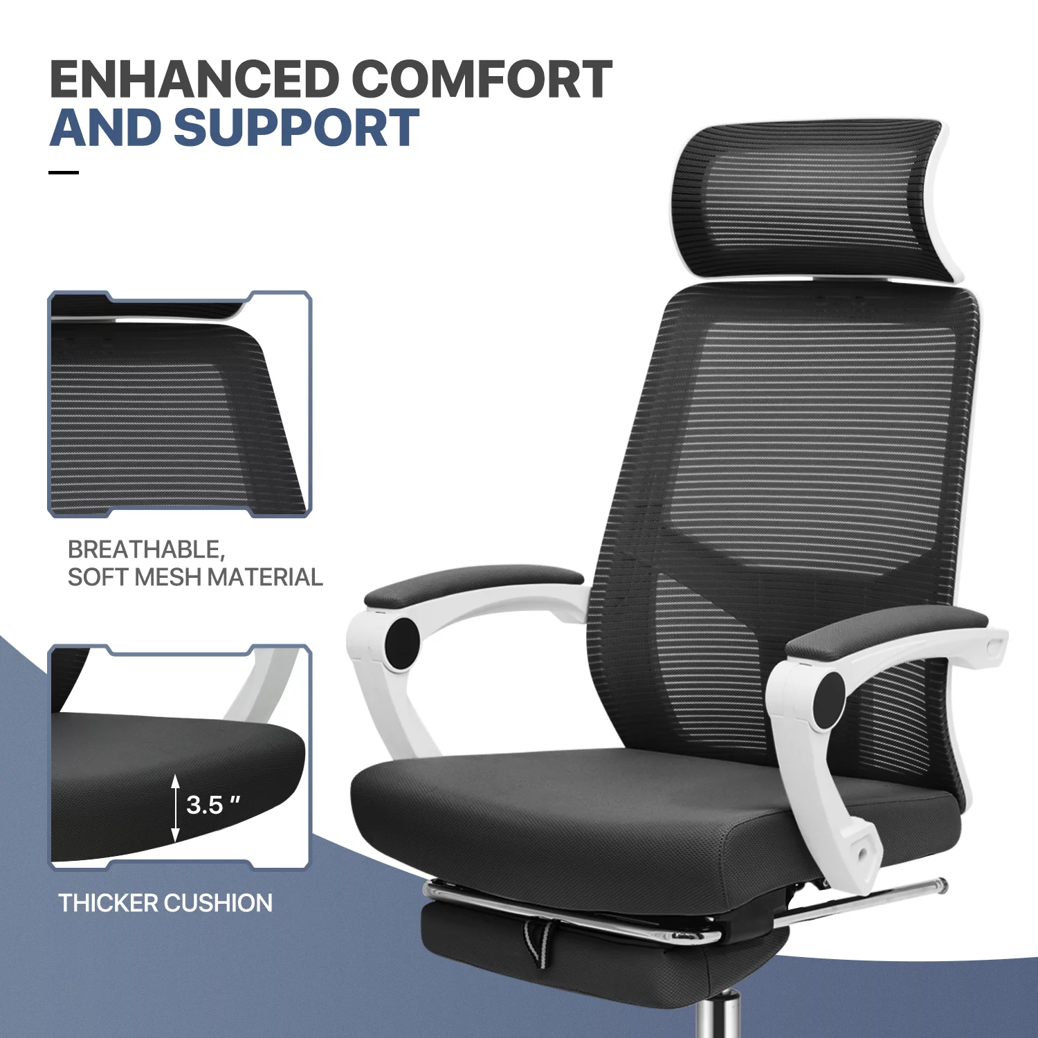 MoNiBloom Adjustable Office Executive Chair, Ergonomic High Back Mesh Swivel Seat with Headrest & Footrest for Office, Black