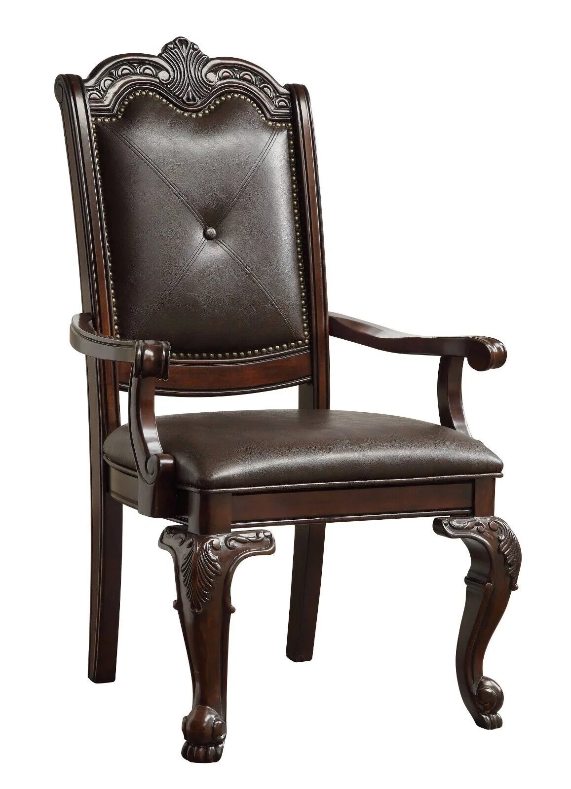 Traditional Vintage Style 4pc Dining Chairs Brown Fabric Upholstered Solid Wood Veneer Arm Chairs Wooden Furniture