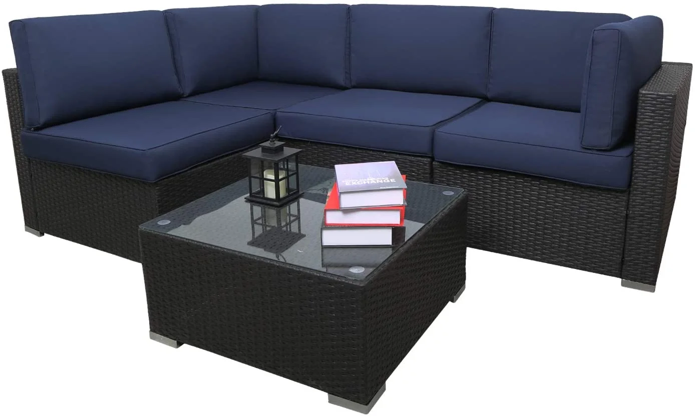 Excited Work 5 Pcs Patio Sofa PE Rattan Outdoor Wicker (BLUE) Patio Conversation Set