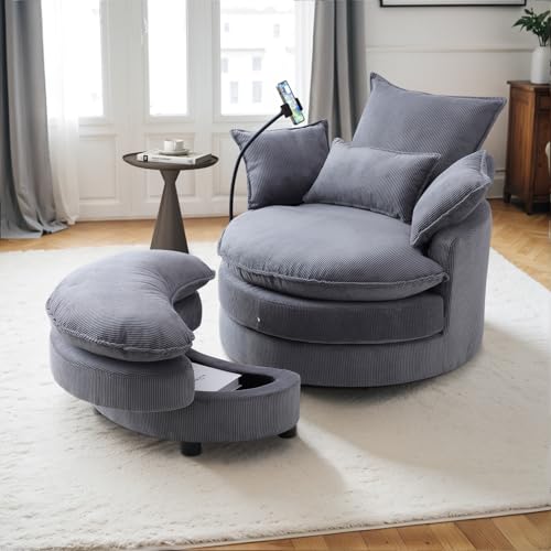 Swivel Barrel Accent Sofa Chair with Phone Holder & Storage Ottoman
