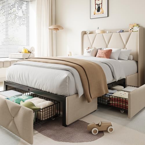 Queen Bed Frame with 4 Storage Drawers and Charging Station, Upholstered Platform Bed Frame with Storage Headboard, No Box Spring Needed