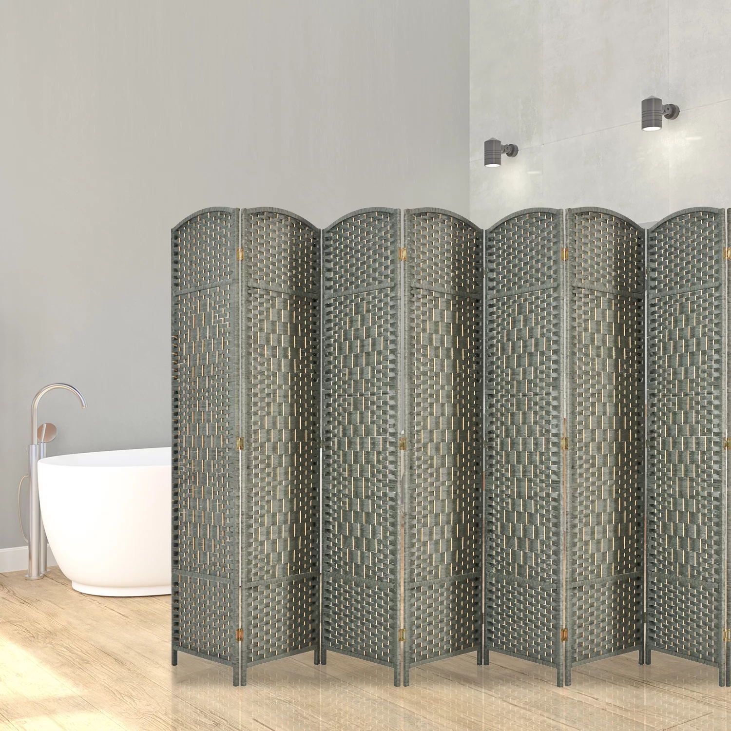 EXCITED WORK 5.7ft Wood Fiber Woven Room Divider 8 Panels, Foldable Mobile Grey Wood Room Divider, Oriental Style Furniture Space Divider