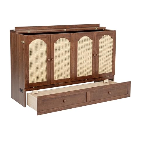 Queen Murphy Bed with Desk and Removable Shelves on Each Side, Murphy Bed Chest Murphy Bed Frame w/USB Port for Home Office, Studio or Guest Room