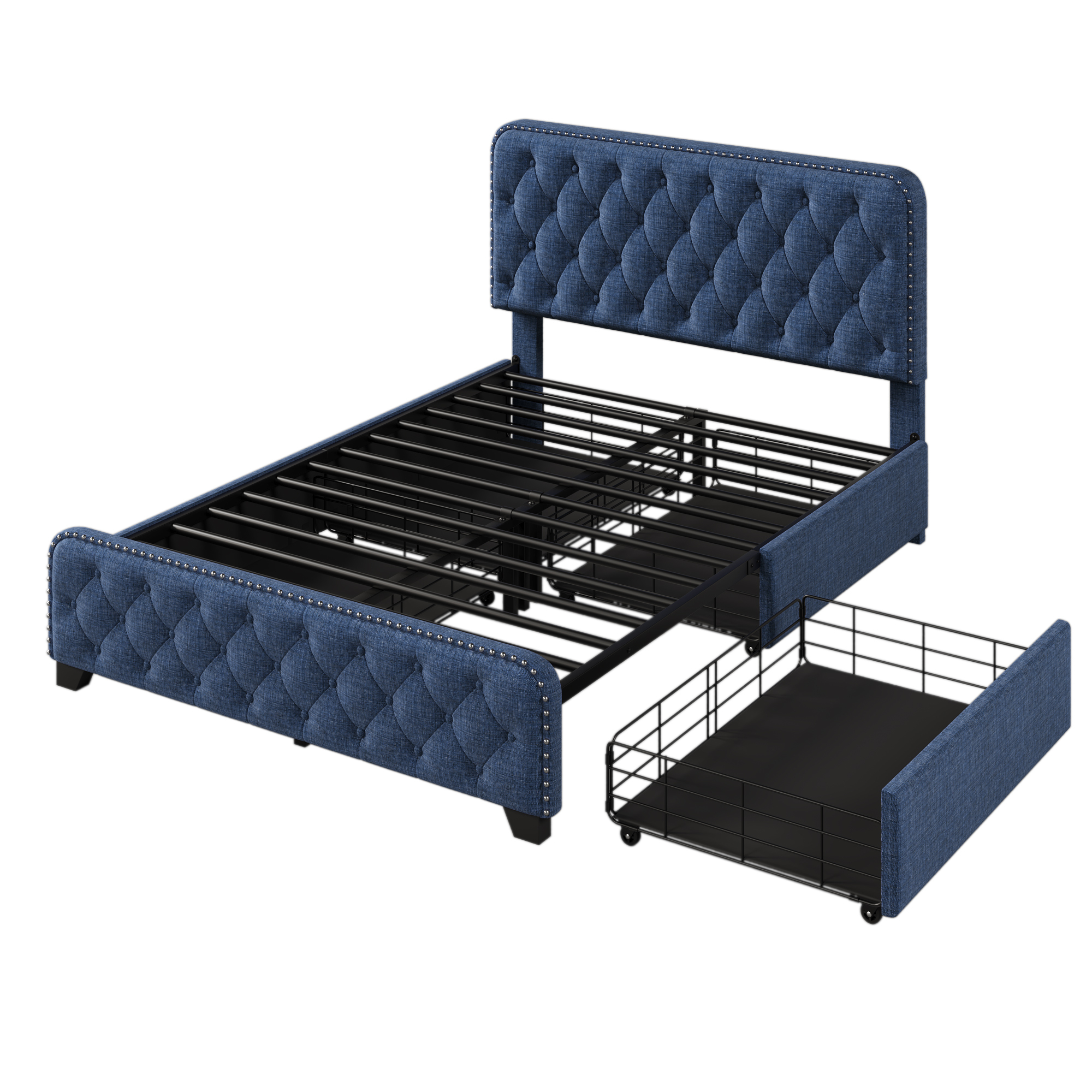 Upholstered Platform Bed Frame with Four Drawers, Button Tufted Headboard and Footboard Sturdy Metal Support, No Box Spring Required, Blue