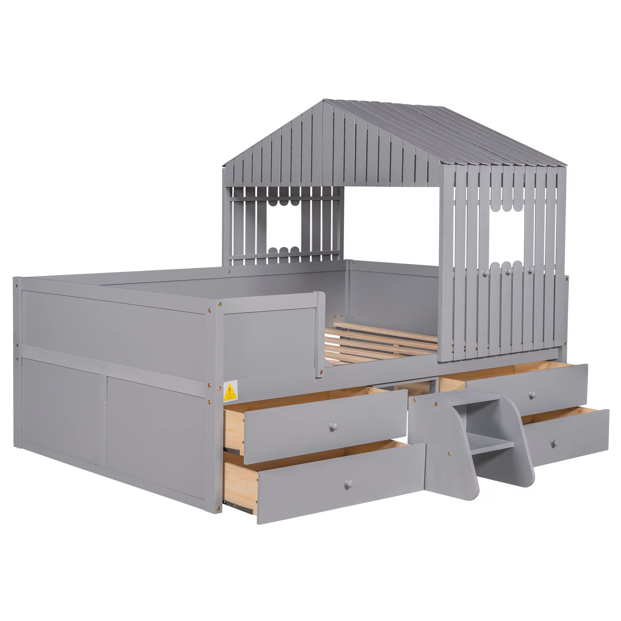 Full Size House Low Loft Bed with Four Drawers,Gray