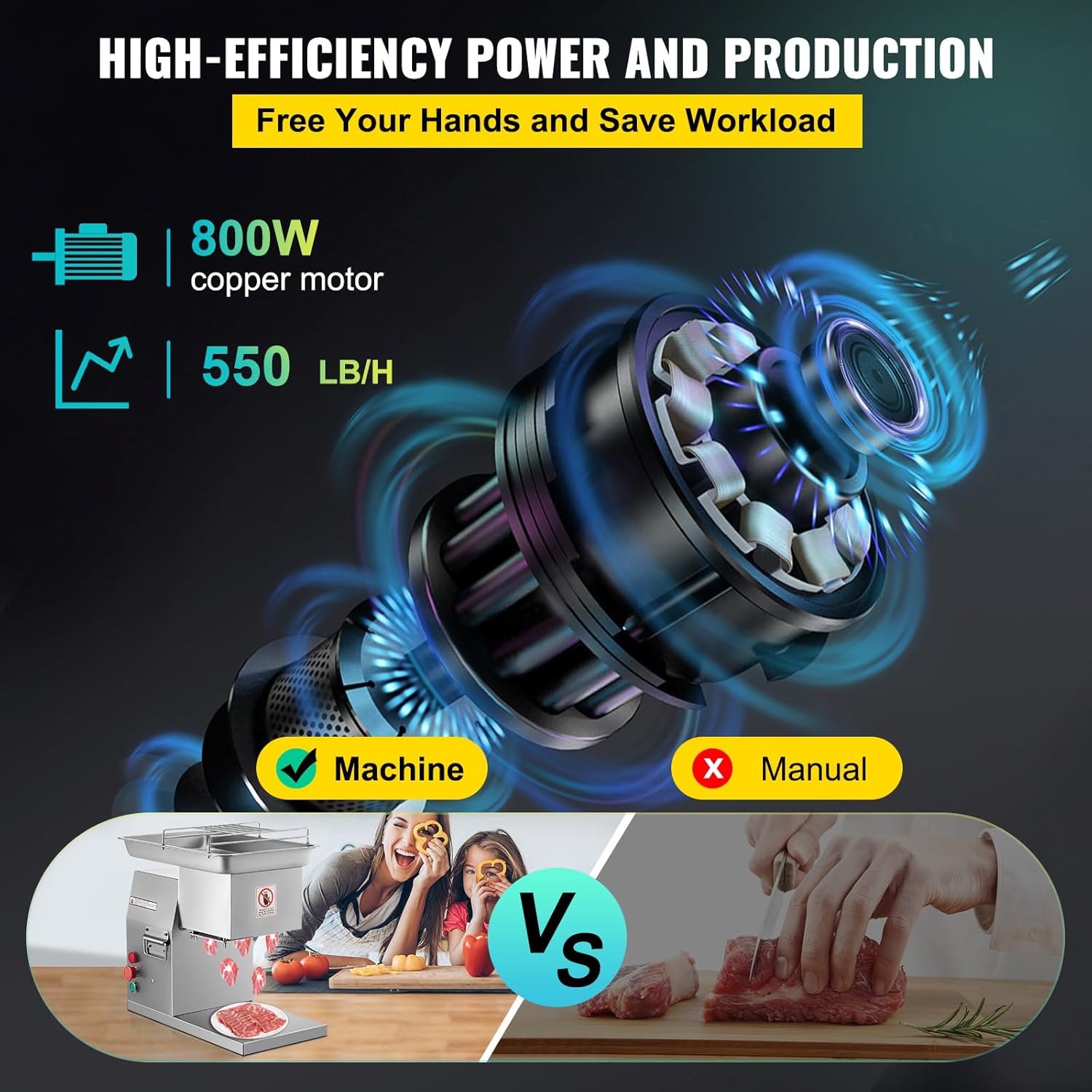 VEVOR Commercial Meat Cutter Machine 1100 LB/H 3mm Stainless Steel with Pulley 600W Electric Food Cutting Slicer for Kitchen Restaurant Supermarket