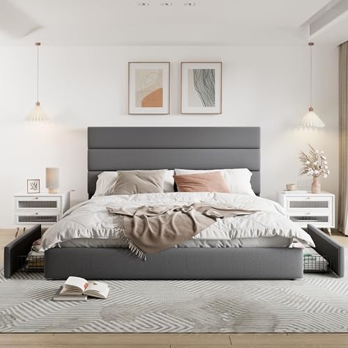 Allewie Modern Full Size Platform Bed Frame with 4 Storage Drawers and Velvet Upholstered Headboard, Wooden Slats Support