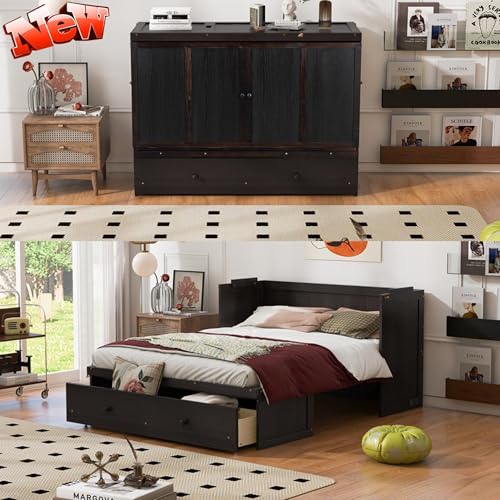 Harper & Bright Designs Queen Murphy Bed with USB Charging Station and Large Drawer, Wooden Queen Size Bed Wall Bed with Storage