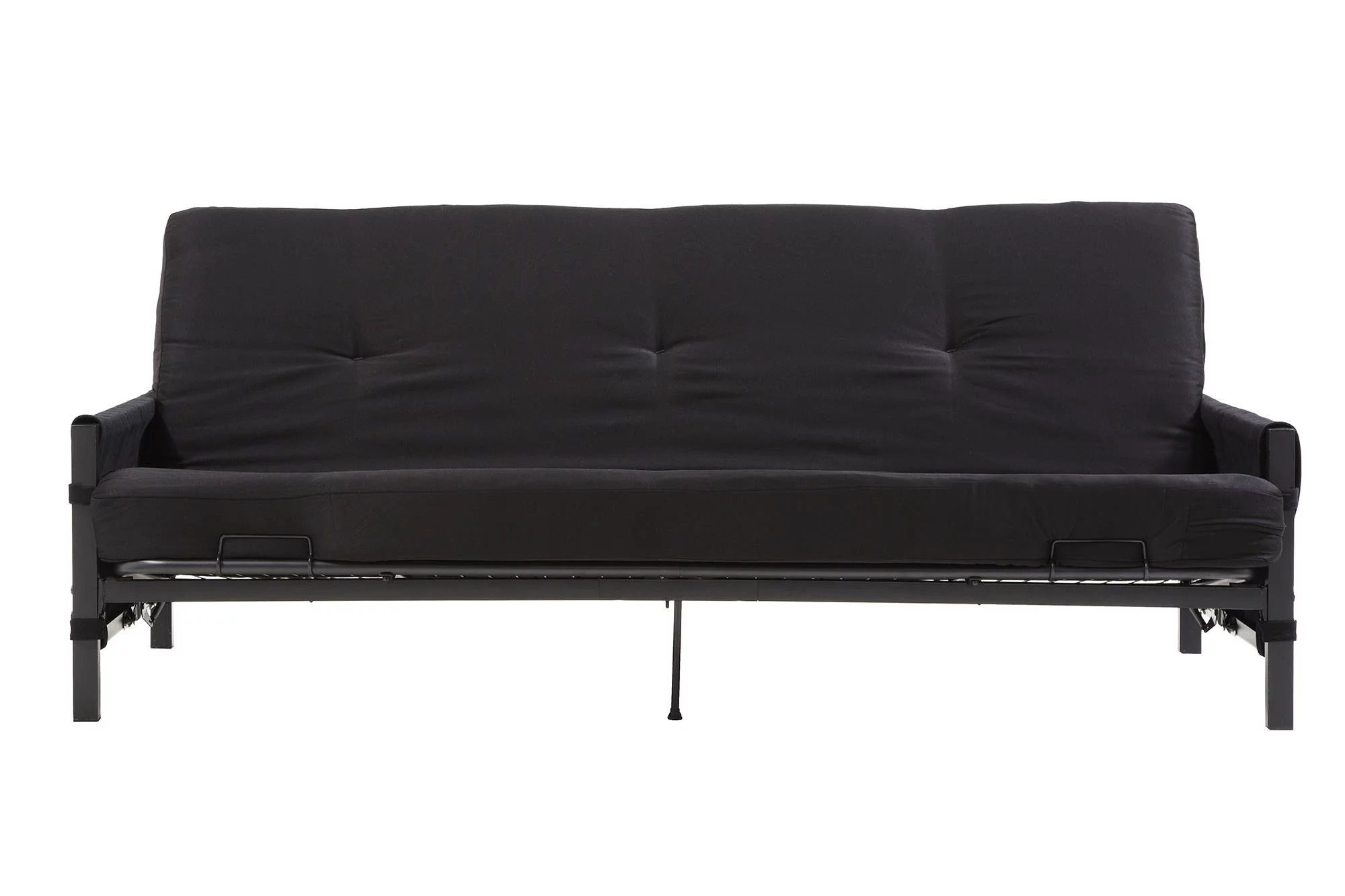 DHP Fairview Futon Set with Black Metal Frame, 6" Mattress and Storage Pockets, Black