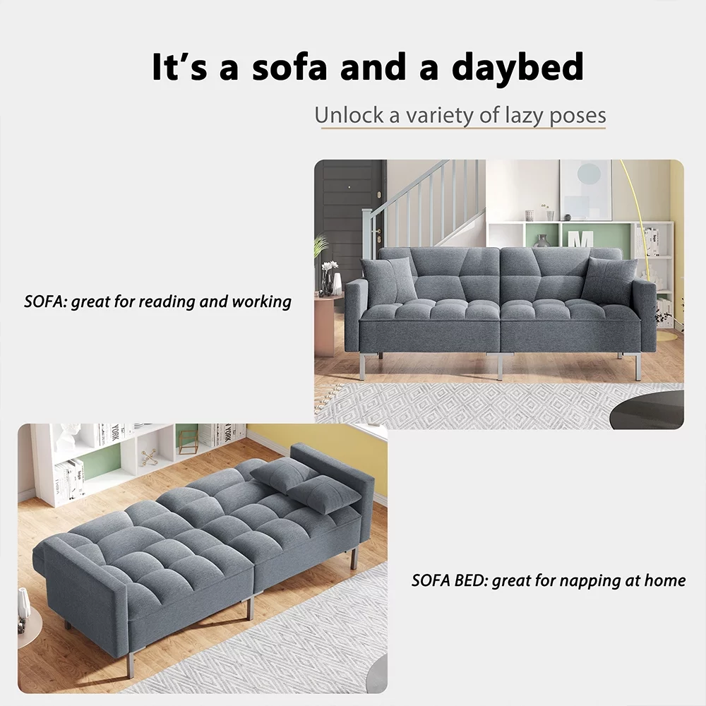Gray Futon Sofa Bed, Convertible Folding Sofa Bed, Modern Upholstered Sleeper Sofa Bed with 2 Pillows and Metal Legs