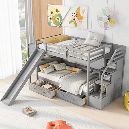 Full-Over-Full Castle Style Bunk Bed with 2 Drawers and 3 Shelves, Wood Bunk Bed Frame with Slide and Storage Staircase for Kids Teens Boys Girls