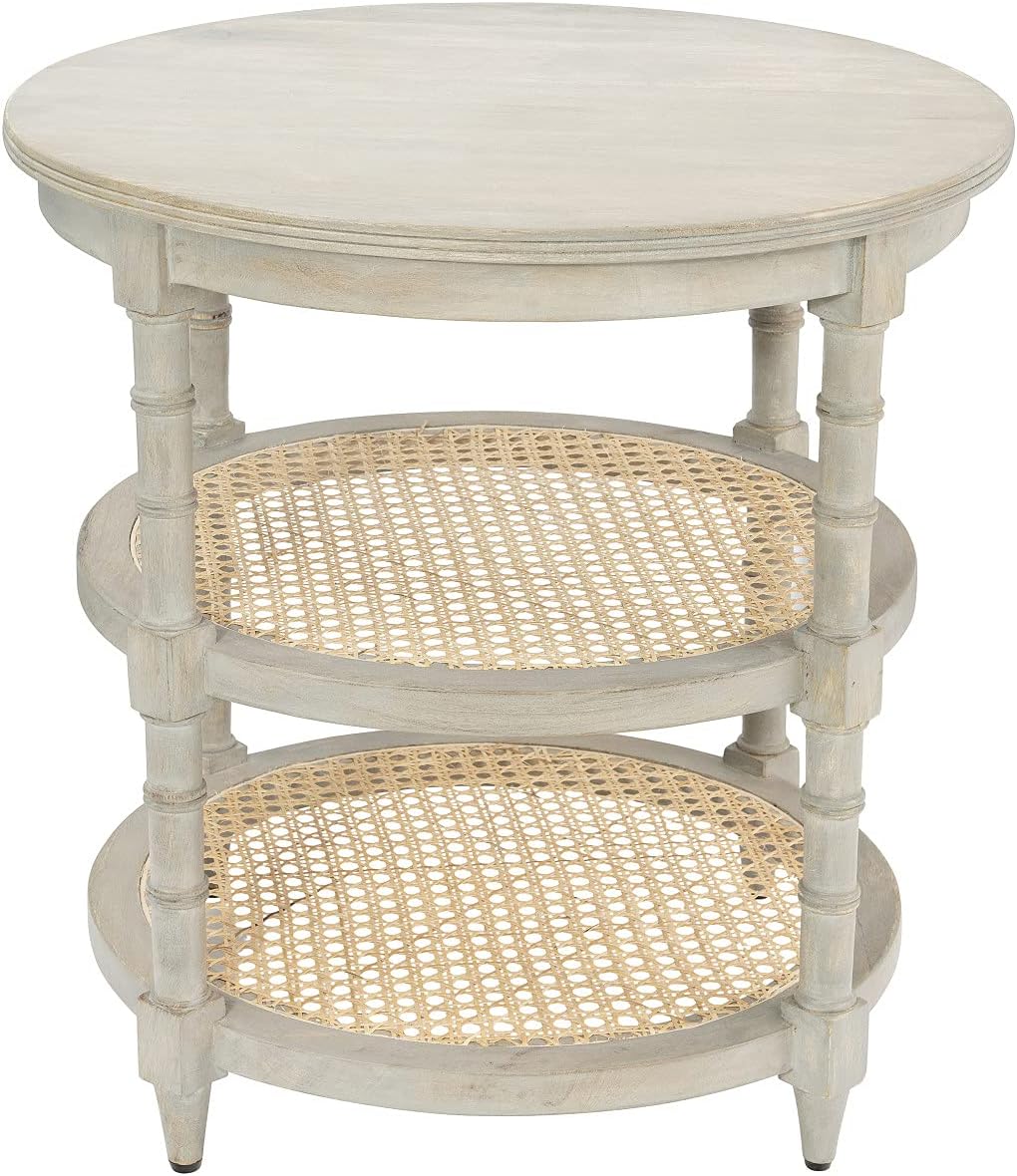 Creative Co-Op Round Mango Wood Table with Two Cane Shelves, Brown