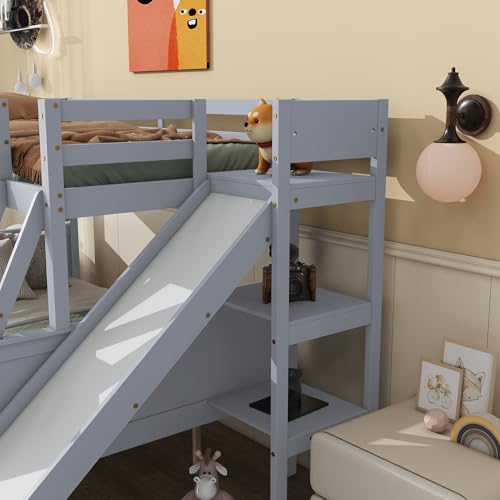 Bunk Beds Twin Over Full Size, Pine Solid Wooden Bunk Bed with Slide, Storage Staircase, Safety Guardrails for Kids, White
