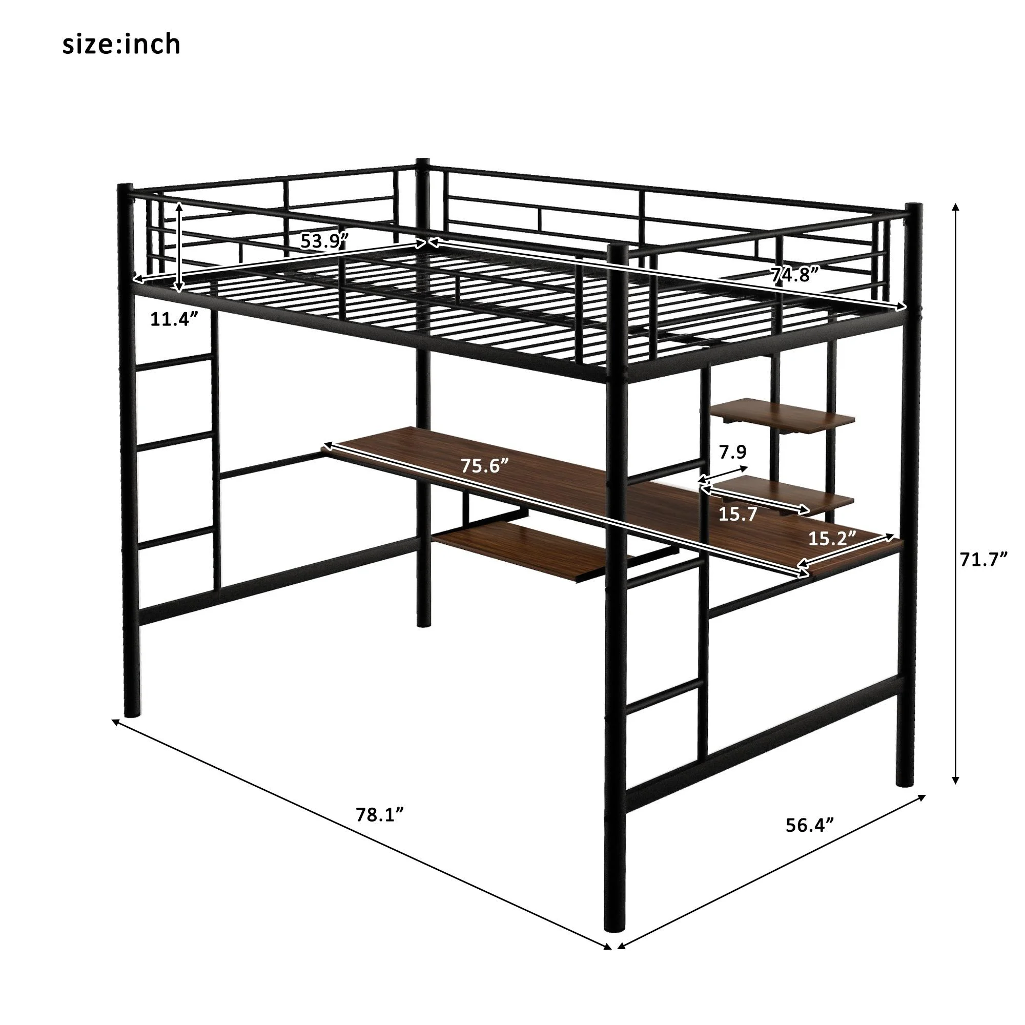 Bellemave Full Size Loft Bed with Desk and Shelves, Metal Loft Bed Frame with Built-in 2 Ladders