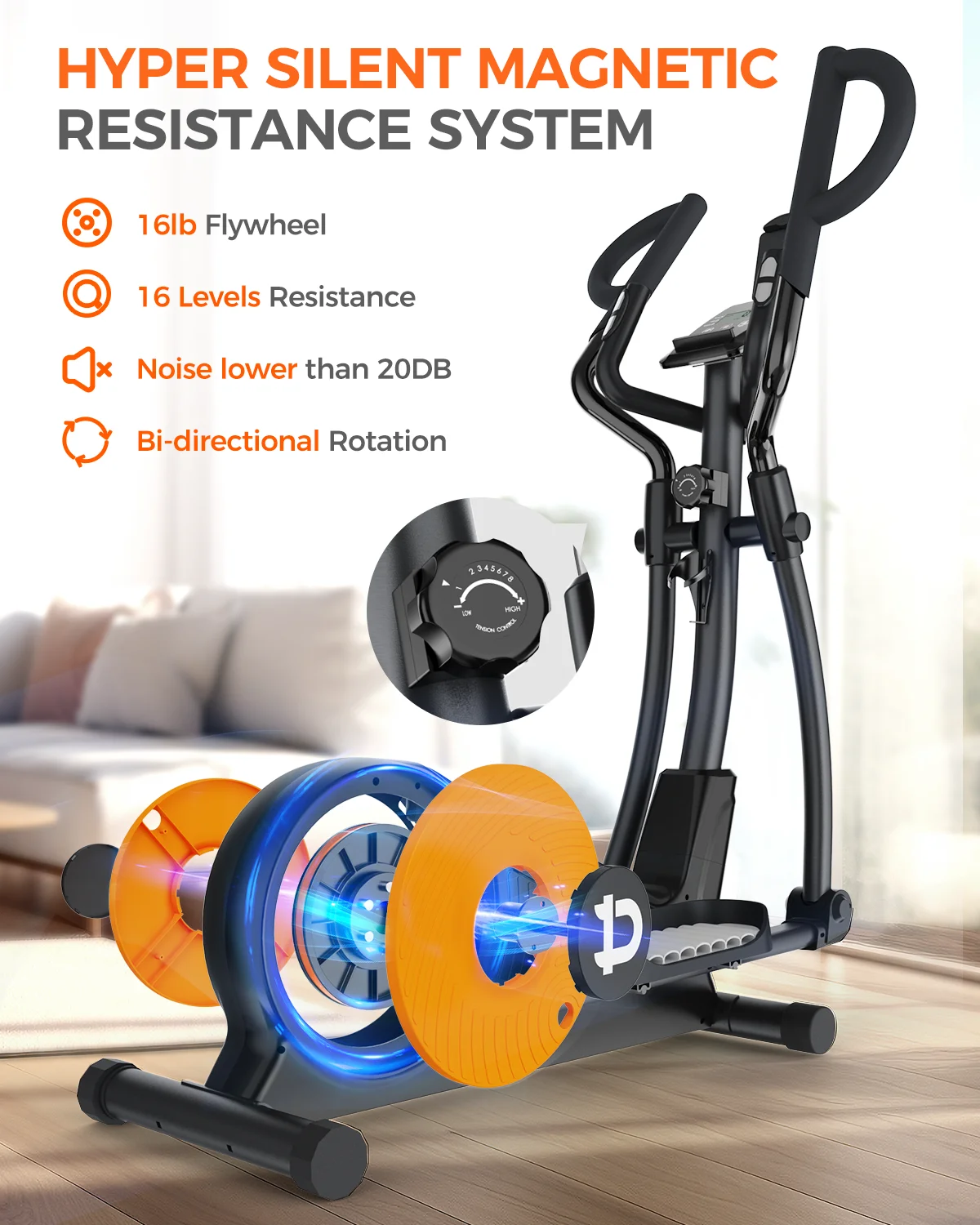 Pooboo Silent Magnetic Elliptical Bike Stationary Exercise Machine for Home Gym Cardio Workout 300lb