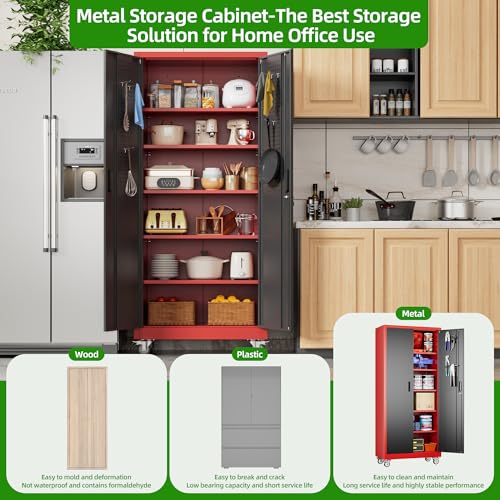 71" Metal Storage Cabinet with Wheels and Pegboard, Lockable Rolling Steel Storage Cabinet with 5 Adjustable Shelves and Door for Garage, Office
