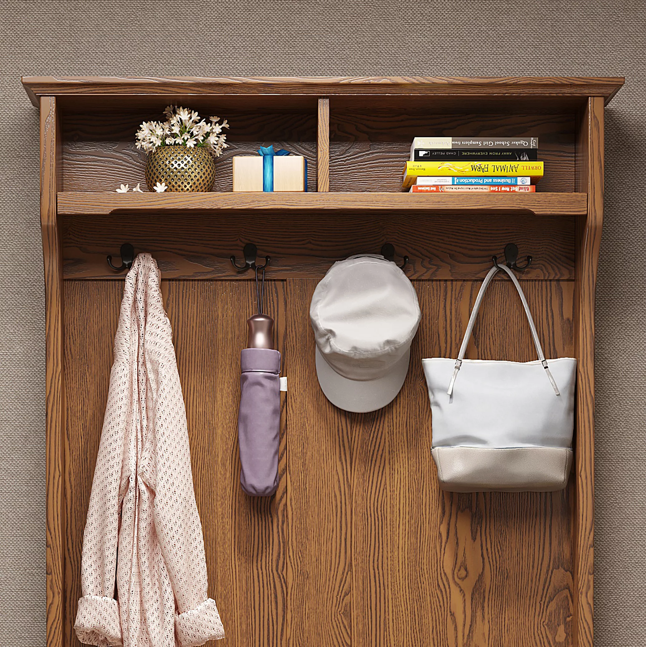 BALANBO Entrance Coat Rack Hall Tree Storage Bench with Metal Black Hooks and Shelves Cabinet - Ash Finish （Brown） - Radiant Selections