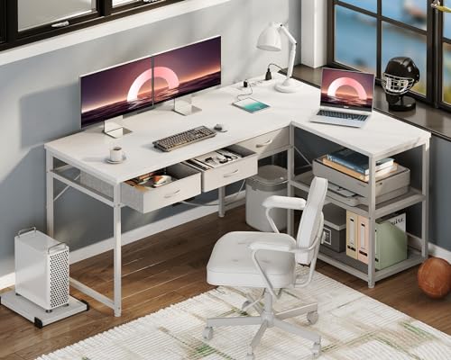 AODK 53 Inch L Shaped Computer Desk with Drawers, Corner Desk with Power Outlets & Reversible Storage Shelves