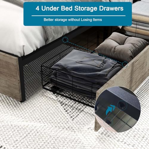 Full Size Bed Frame with Headboard, LED Platform Bed with 4 Storage Drawers, Built in Charging Station, Noise-Free, Metal Support Base
