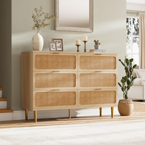 Rattan 5 Drawer Dressers for Bedroom, Tall Dresser with Deep Drawers, Large Chest of Drawers for Closet with Wide Top