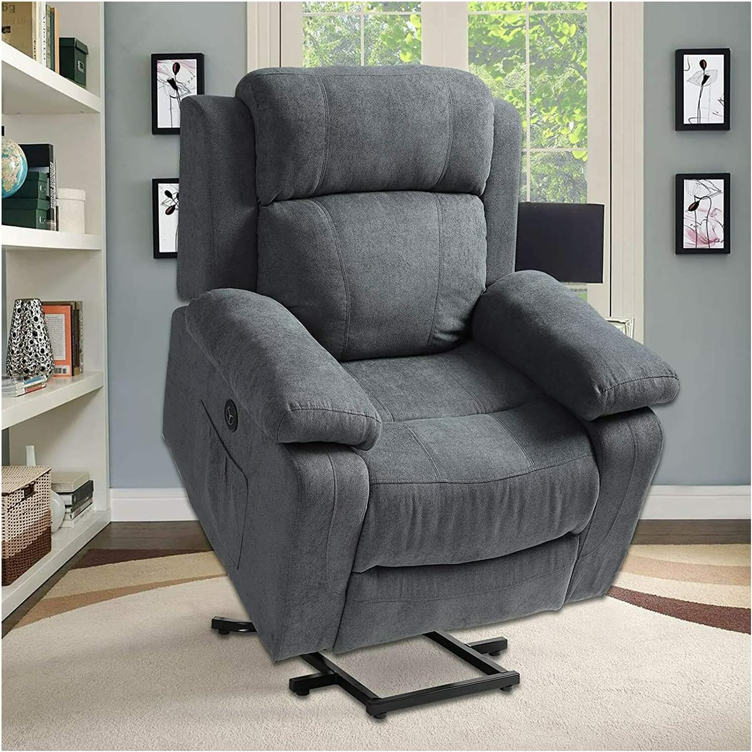 New Grey Linen Fabric Auto Electric Power Lift Massage Vibration Recliner Oversized USB Chair w/Remote Control Sofa Heat Elderly Armchair Foam Sponge