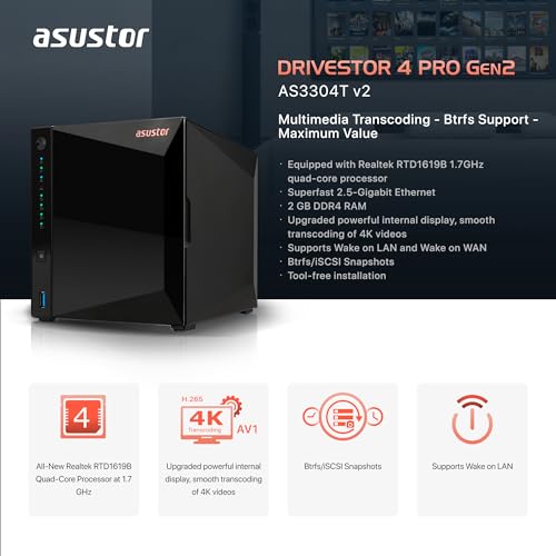 Asustor Drivestor 2 Lite AS1102TL, 2 Bay NAS Enclosure Network Storage, 1.7GHz Quad Core, 1GbE Port, 1GB RAM DDR4