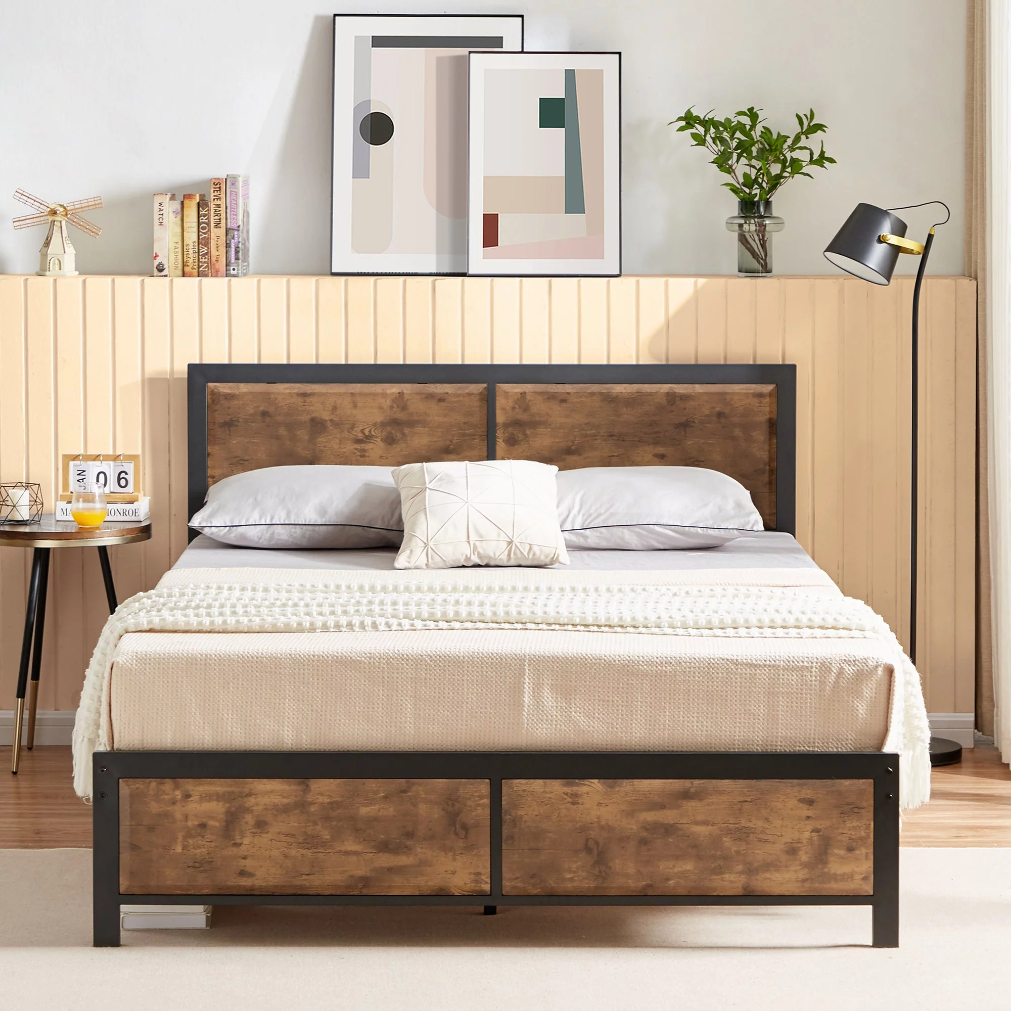 VECELO 4-Piece Bedroom Set with Queen Size Platform Bed Frame & 5-Drawer Dresser & Two Nightstands, Brown