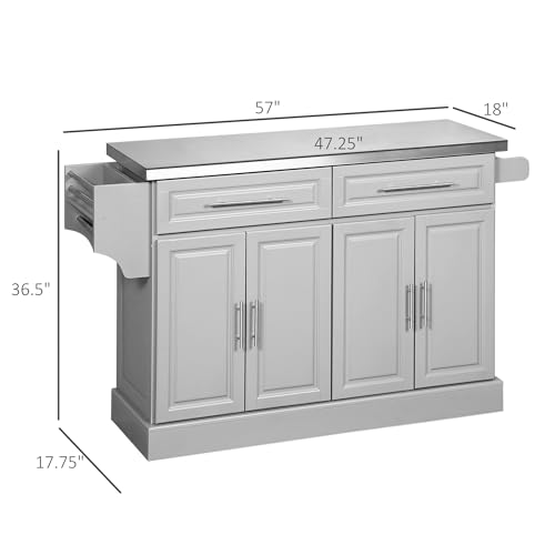 HOMCOM Rolling Kitchen Island Cart with Wheels, Portable Island Table for Kitchen with Stainless Steel Top, Adjustable Shelves, 2 Drawers, Spice