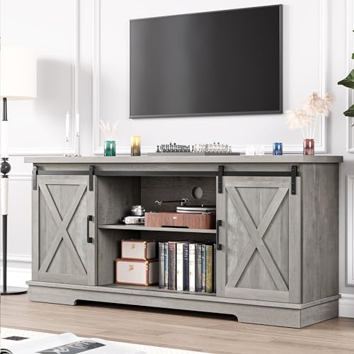 IDEALHOUSE Farmhouse TV Stand for 65 Inch TV, Entertainment Center with Storage and Sliding Barn Doors