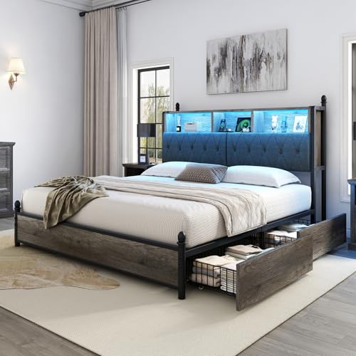 AMERLIFE Full Size Bed Frame with Bookcase Headboard, 4 Storage Drawers, Wooden Platform Bed with Charging Station & LED Light, No Box Spring Needed