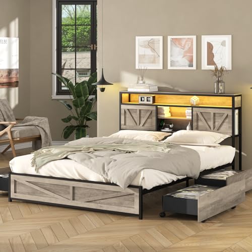 Queen Size Bed Frame with Charging Station, Queen Bed Frame with 4 Drawers LED Light, Farmhouse Platform Bed with Headboard Storage 3 Layer Shelves
