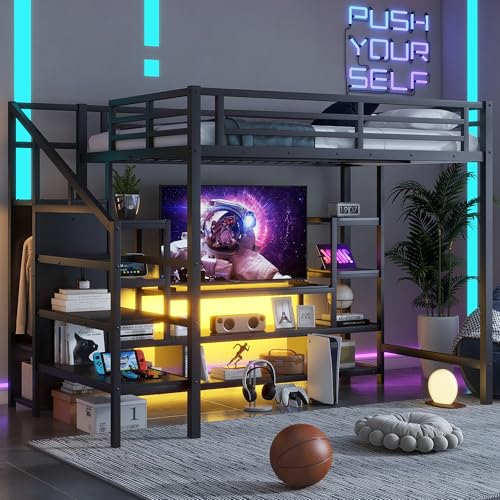 Queen Loft Bed with L-Shaped Desk and Stairs,Metal Queen Size LoftBed with Wardrobe and Adjustable Shelf, Gaming Bed with LED and USB
