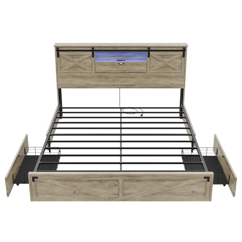Hasuit Farmhouse Bed Frame California King Size with Storage Bookcase Headboard, Wooden Cal King Bed with LED Lights, Charging Station, 2 Drawers