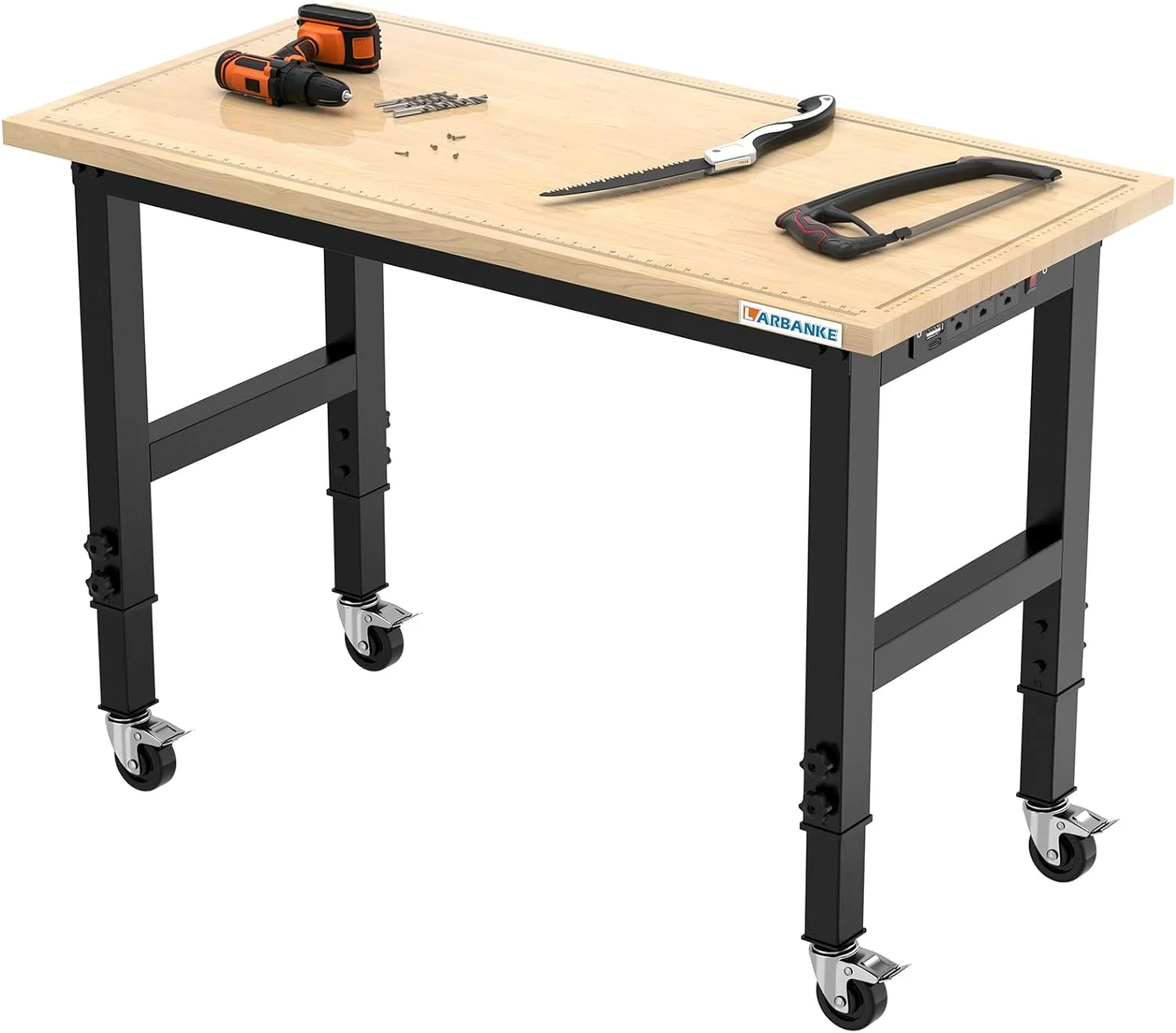 LARBANKE 48" Heavy-Duty Garage Workbench,Rubber Wood Workbench has Adjustable 5 Different Heights,Hardwood Worktable Weight Capacity Over 2000 Lbs