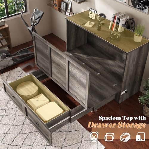 AMERLIFE Queen Murphy Bed with Storage & Charging Station, Farmhouse Murphy Cabinet with Foldable Panel, Noisy Free, for Guest Bedroom, Living Room