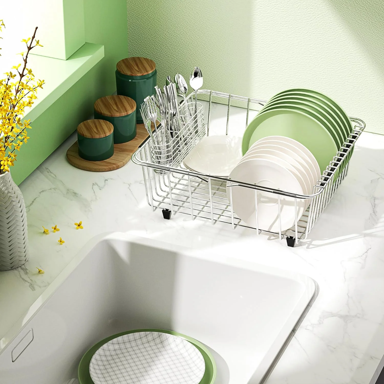 Dish Drying Rack in-Sink, 304 Stainless Steel Dish Drainer with Stainless Steel Silverware Holder Over Inside Sink-Adjustable
