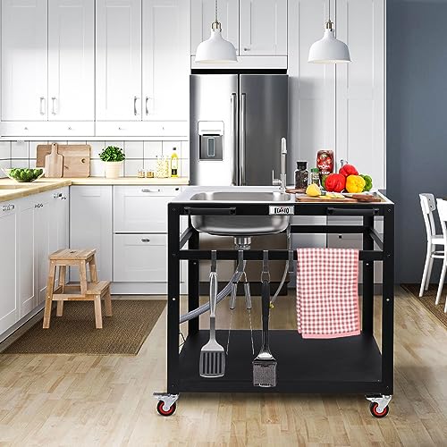 35” Outdoor Grill Cart with Sink, Outdoor Kitchen Sink Station with Hose Hook Up, Free Standing Sink with Wheels