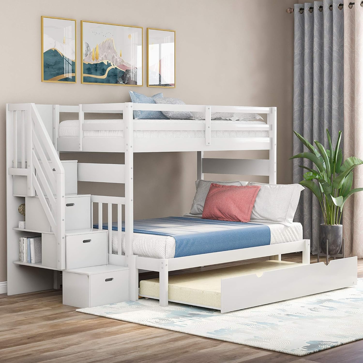 Harper & Bright Designs Stairway Twin Over Twin/Full Bunk Bed with Twin Size Trundle and Drawers