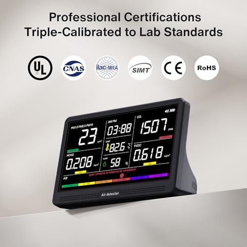 bonoch 16 in 1 Air Quality Monitor Indoor 7" Display 9 AQI+7 AQI Alerts Air Quality Tester for CO2, TVOC, PM2.5 PM1.0 PM10, HCHO