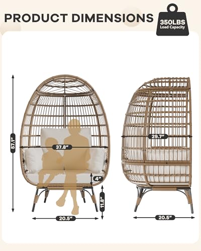 Oversized Wicker Egg Chair Outdoor, Patio Lounge Chair with Ultra Luxury Cushions & Steel Frame, 350LBs Capacity Egg Chair Indoor Outdoor for Balcony