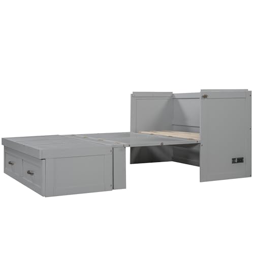 Harper & Bright Designs Full Size Murphy Bed Cabinet Wall Bed, Solid Pine Murphy Bed Chest with USB Ports