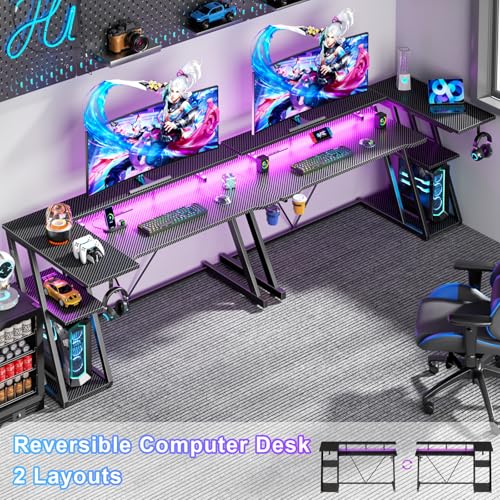 55 Inch Gaming Desk with Power Outlet & LED Lights, L Shaped Gamer Computer Table with Storage Shelves for Bedroom, Corner Home Office Desk